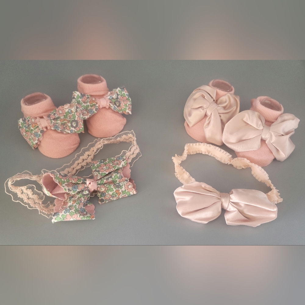 Infant Baby Girl Sock Booties with Matching Bow Headbands